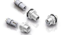 Male and female two-piece panel mount connectors of the 823 series – each consisting of mounting body and socket housing. Male and female two-piece panel mount connectors of the 823 series – each consisting of mounting body and socket housing.