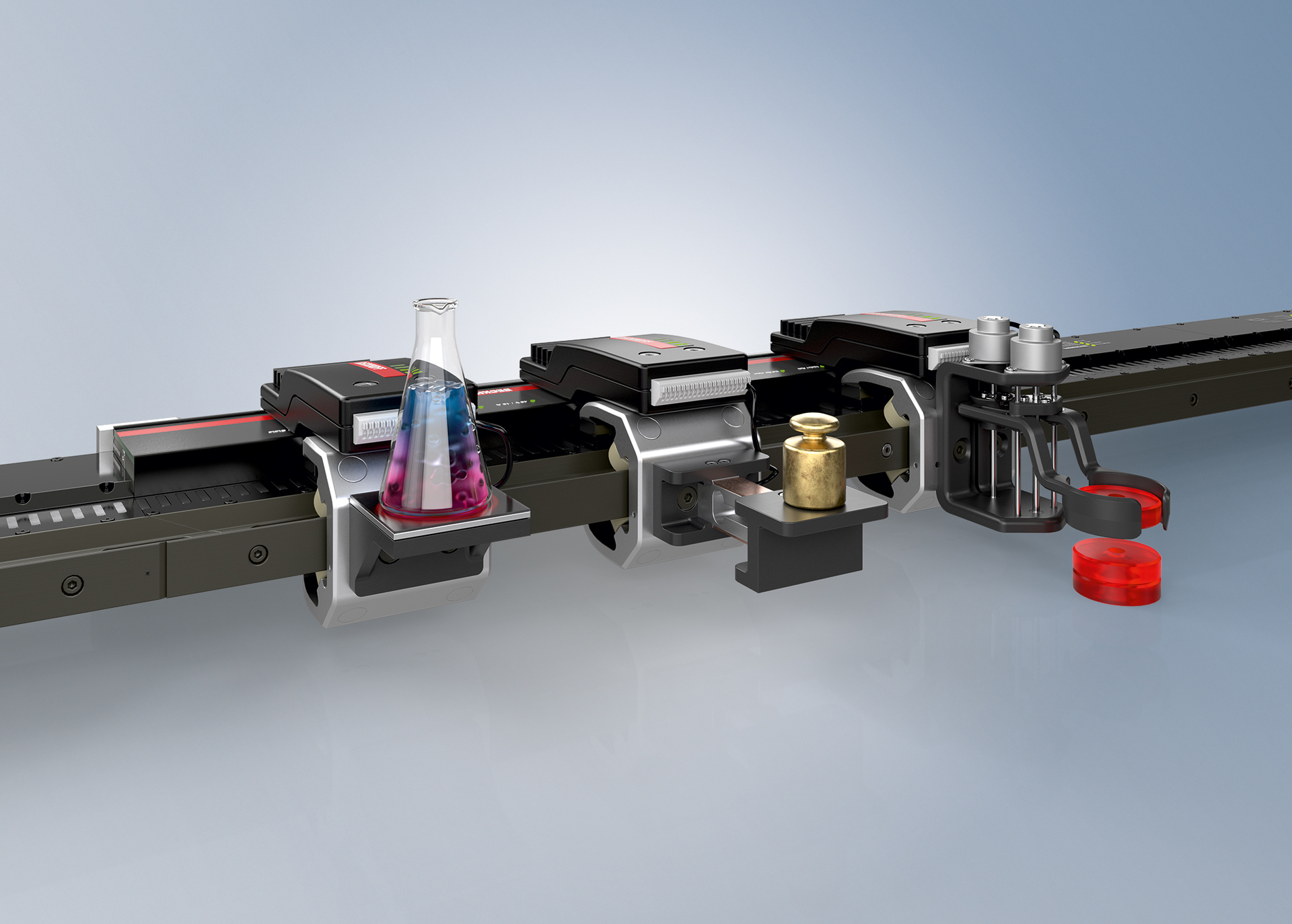 With the new No Cable Technology (NCT), XTS movers can become mobile handling or processing stations, thus expanding XTS into a highly flexible multi-robot system.