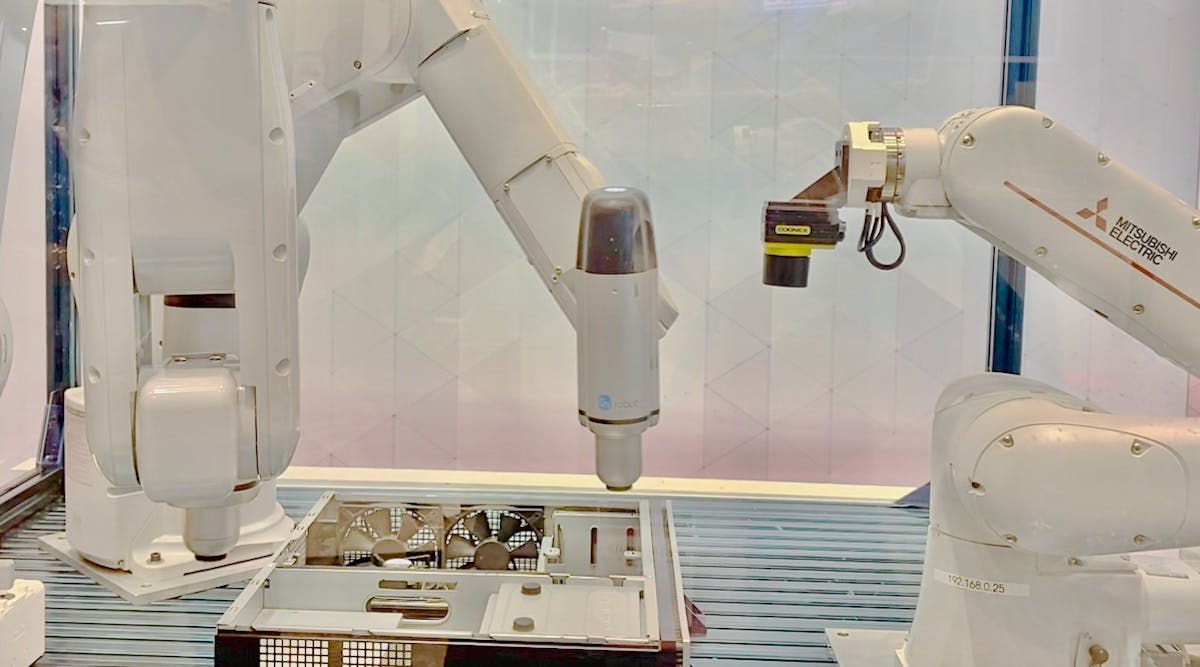 Mitsubishi&rsquo;s Assista cobot and RV-7FRL and RV-8CRL industrial robots in a complex path screw-driving assembly operation at IMTS 2022.