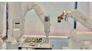 Mitsubishi&rsquo;s Assista cobot and RV-7FRL and RV-8CRL industrial robots in a complex path screw-driving assembly operation at IMTS 2022.