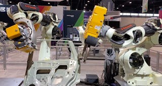 Kawasaki Robotics&rsquo; BX100N robots outfitted with ARO spot weld guns operating with Realtime Robotics path planning software.
