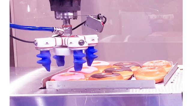 At PACK EXPO International, Soft Robotics demonstrates the picking, sorting by variety, and pack out of doughnuts at rates of up to 70 picks per minute.