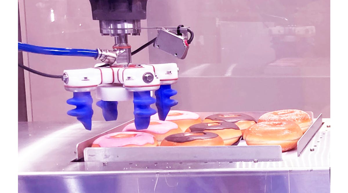 At PACK EXPO International, Soft Robotics demonstrates the picking, sorting by variety, and pack out of doughnuts at rates of up to 70 picks per minute.