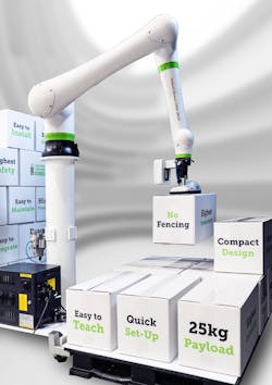 Fanuc's CRX-25iA robot can palletizes boxes to nearly seven feet high. Fanuc's CRX-25iA robot can palletizes boxes to nearly seven feet high.