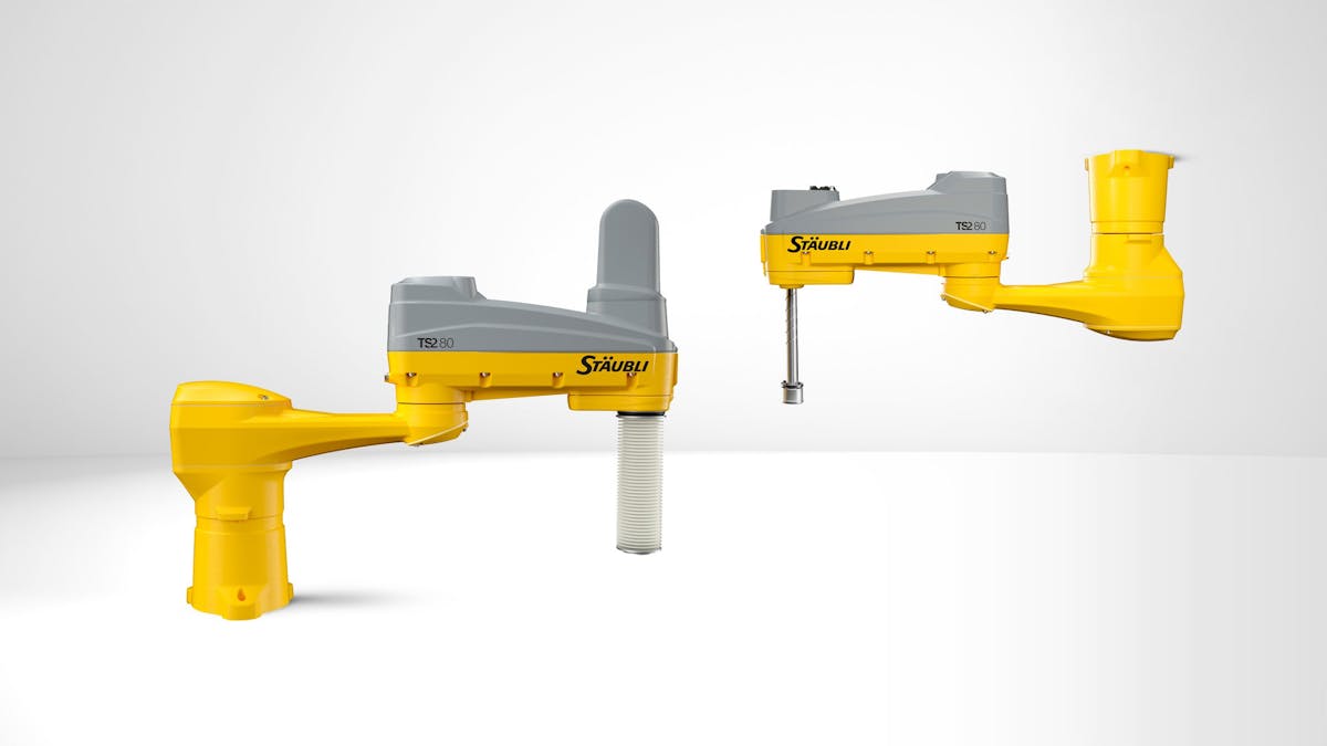 St&auml;ubli&rsquo;s TS2-80 SCARA robot has maximum payload of 8.4 kg with an 800 mm reach.