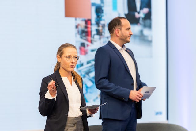 Annekatrin Konermann, Lenze&rsquo;s product manager of Nupano and Werner Paulin, head of new automation technology at Lenze.