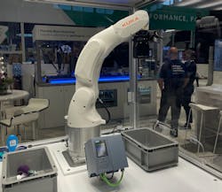 The Siemens AI picking software is robot and end-of-arm tooling agnostic. In its exhibit at PACK EXPO 2022, Siemens used a KUKA Agilus KR3 robot and a Robotiq EPick vacuum gripper to demonstrate the technology. The Siemens AI picking software is robot and end-of-arm tooling agnostic. In its exhibit at PACK EXPO 2022, Siemens used a KUKA Agilus KR3 robot and a Robotiq EPick vacuum gripper to demonstrate the technology.