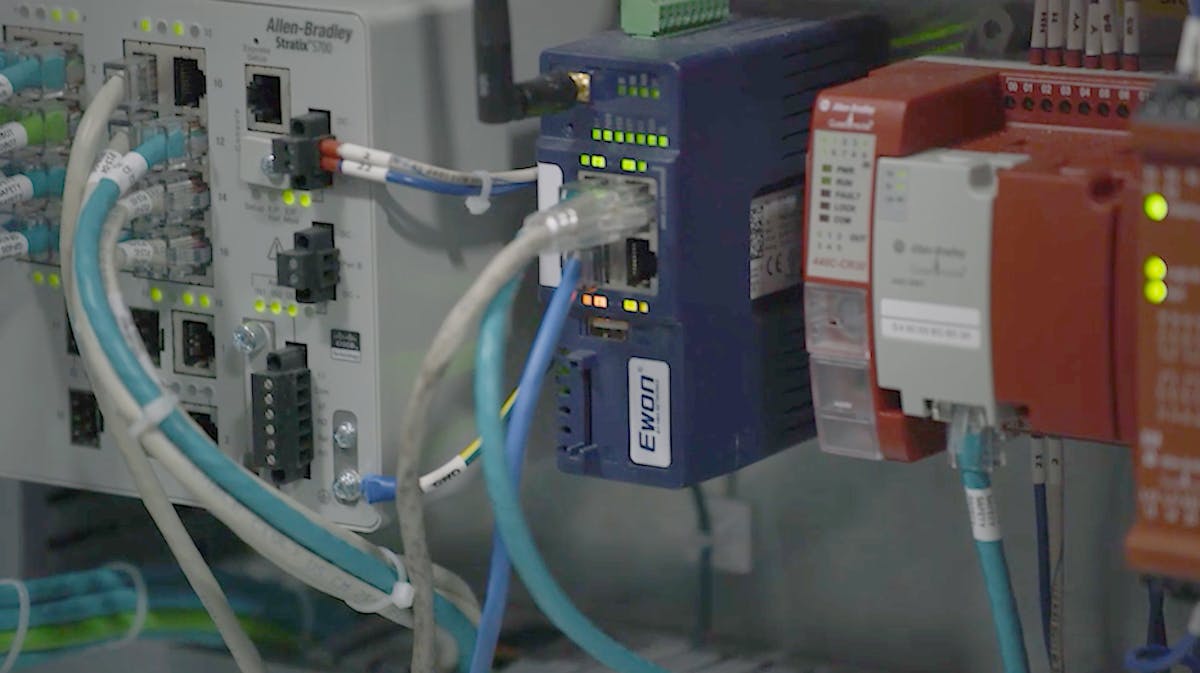 The Ewon router provides a secure remote connection to the machine, allowing tech support to see the state of the PLC and more.