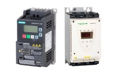 A Siemens Sinamics V20 VFD (left) and a Schneider Electric Altistart ATS22D47Q soft starter. A Siemens Sinamics V20 VFD (left) and a Schneider Electric Altistart ATS22D47Q soft starter.