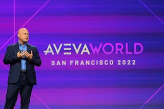 Aveva&apos;s Rob McGreevy explaining the company&apos;s technology vision at Aveva World San Francisco 2022.