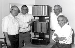 The Modicon 084 (original PLC) development team (from left to right): Dick Morley, Tom Boissevain, George Schwenk, and Jonas Landau.