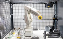 Fraunhofer Institute used a Mitsubishi Electric robotic arm, an optical laser scanner and a controller equipped with AI software to develop an AI-driven grinding system for D&uuml;spohl, a German manufacturer of wrapping machines. Source: Frauenhofer Institute