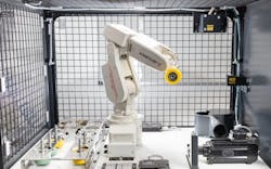 Fraunhofer Institute used a Mitsubishi Electric robotic arm, an optical laser scanner and a controller equipped with AI software to develop an AI-driven grinding system for D&uuml;spohl, a German manufacturer of wrapping machines. Source: Frauenhofer Institute