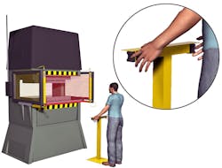 Two-hand control guarantees the operator remains a safe distance away from the machine in this stamping-machine application. Source: Banner Engineering.