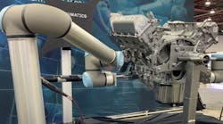 With this aid of Humatics&apos; microlocation technology, two Universal Robots with Atlas Copco end effectors deliver torque to engine bolts as the engine moves through the assembly area without stopping.