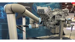 With this aid of Humatics&apos; microlocation technology, two Universal Robots with Atlas Copco end effectors deliver torque to engine bolts as the engine moves through the assembly area without stopping.