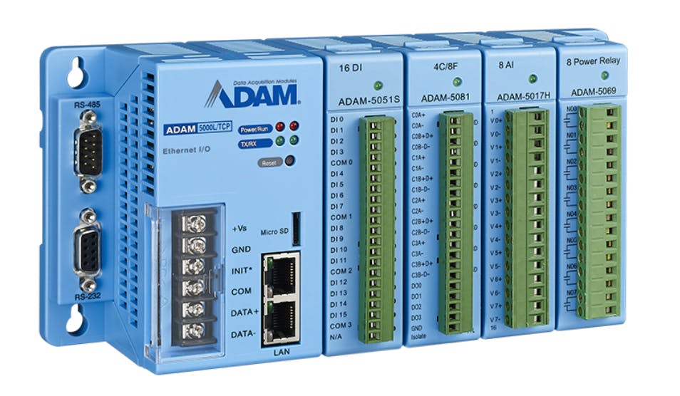 Advantech&rsquo;s ADAM-5000L/TCP distributed Ethernet-based I/O system.