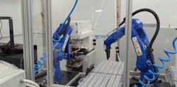 In this medical supplies manufacturing application, three Yaskawa industrial robots delivered via Rapid Robotics' robots as a service program are used to plasma treat and inspect syringes. In this medical supplies manufacturing application, three Yaskawa industrial robots delivered via Rapid Robotics' robots as a service program are used to plasma treat and inspect syringes.