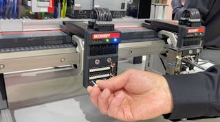 Beckhoff&apos;s Jeff Jonhson demonstrated the capabilities of the company&apos;s eXtended Transport System with no-cable technology to synchronize system-wide events with microsecond precision so that a specific event can be triggered at an exact position.