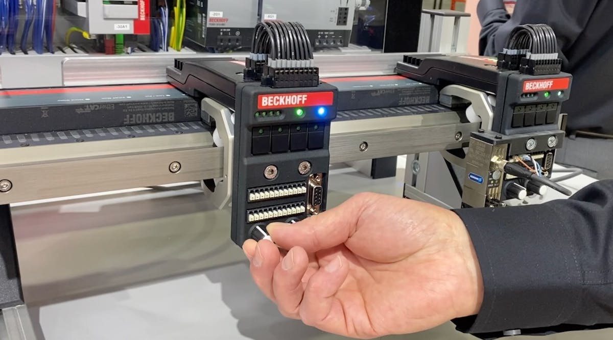 Beckhoff&apos;s Jeff Jonhson demonstrated the capabilities of the company&apos;s eXtended Transport System with no-cable technology to synchronize system-wide events with microsecond precision so that a specific event can be triggered at an exact position.