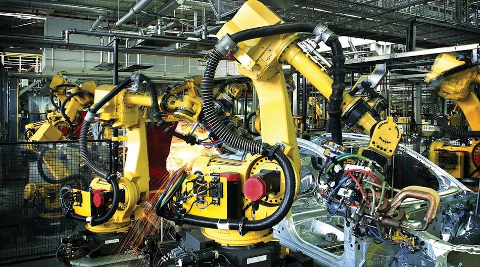 Industrial robots are large and heavy, fixed position units. Source: Rockwell Automation