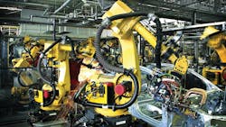 Industrial robots are large and heavy, fixed position units. Source: Rockwell Automation Industrial robots are large and heavy, fixed position units. Source: Rockwell Automation