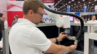 Matt Conklin with ABB demonstrates the Cobot Arc Welding Package with ABB&apos;s GoFa cobot at Automate 2023.