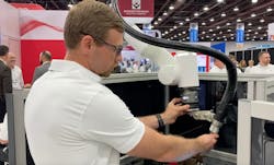 Matt Conklin with ABB demonstrates the Cobot Arc Welding Package with ABB's GoFa cobot at Automate 2023. Matt Conklin with ABB demonstrates the Cobot Arc Welding Package with ABB's GoFa cobot at Automate 2023.