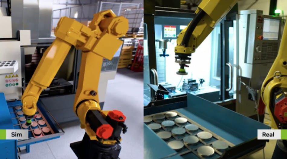 Side-by-side image shows the photo realistic digital twin (on left) of a robot work cell using a pre-release version of Automation Explorer.