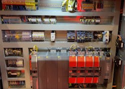 The control cabinet containing SEW Eurodrive's StarterSet automation components for the vertical form fill seal packaging machine on display at Pack Expo 2023. The control cabinet containing SEW Eurodrive's StarterSet automation components for the vertical form fill seal packaging machine on display at Pack Expo 2023.