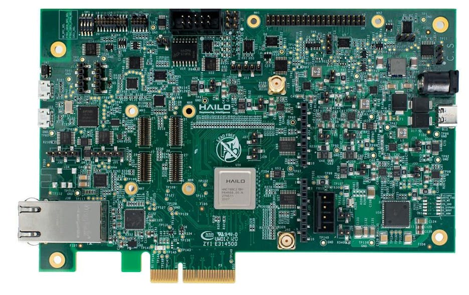 Hailo-8 evaluation board with PCIe edge connector, Gigabit Ethernet, audio, USB ports, I2C &amp; UART interfaces, GPIO as well as two MIPI CSI camera interfaces.