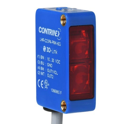 This Contrinex photoelectric sensor with IO-Link features background suppression and a 15-250 mm sensing distance. Source: AutomationDirect