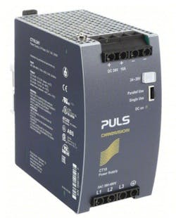 The Puls CT10 3-phase 240W dc power supply features a 380-480V ac input and 24-28V dc output and is DIN-rail mountable.