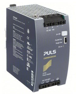 The Puls CT10 3-phase 240W dc power supply features a 380-480V ac input and 24-28V dc output and is DIN-rail mountable. The Puls CT10 3-phase 240W dc power supply features a 380-480V ac input and 24-28V dc output and is DIN-rail mountable.