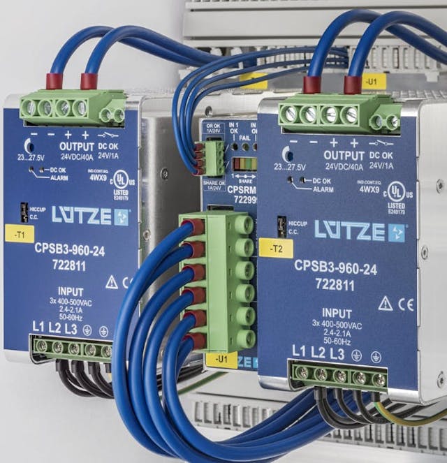 Lutze power supplies are available in 1-, 2- and 3-phase units and are DIN-rail mountable. The Lutze Compact series power supplies offer 94% efficiency and are suitable for temperature ranges between -25&deg;C to +75&deg;C