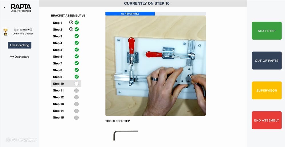 The Rapta platform follows the assembly process through each step, verifying that the process has been done correctly and warning the operator if any steps are missed or performed incorrectly. The Rapta platform follows the assembly process through each step, verifying that the process has been done correctly and warning the operator if any steps are missed or performed incorrectly.