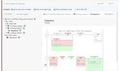 An edit of the Sequence routine using Ladder Logic in Copia's product, SourceControl. Red indicates elements that have been removed, while green indicates elements that have been added. Comments can be added directly on the changed rung of logic during code review. Source: Copia An edit of the Sequence routine using Ladder Logic in Copia's product, SourceControl. Red indicates elements that have been removed, while green indicates elements that have been added. Comments can be added directly on the changed rung of logic during code review. Source: Copia