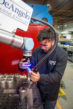 Programming software has progressed to the point that no experience in traditional programming is necessary to program the Cobot Welder from Hirebotics. Operators teach it by moving the robot’s arm through a desired weld trajectory, adding way points by pressing a button on the robot. The Cobot Welder uses collaborative robots from Universal Robots. Source: Universal Robots Programming software has progressed to the point that no experience in traditional programming is necessary to program the Cobot Welder from Hirebotics. Operators teach it by moving the robot’s arm through a desired weld trajectory, adding way points by pressing a button on the robot. The Cobot Welder uses collaborative robots from Universal Robots. Source: Universal Robots