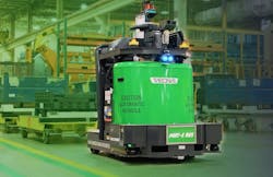 A Vecna Robotics ATG Autonomous Tugger pulls pallets through a factory. Source: Vecna Robotics