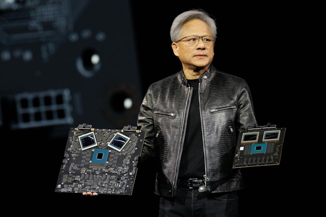 Nvidia CEO Jensen Huang shows off the new GB200 Grace Blackwell Superchips at the company’s GTC event in March 2024. These new chips can reportedly process trillion-parameter models with constant uptime for superscale generative AI training and inference workloads. Source: Nvidia