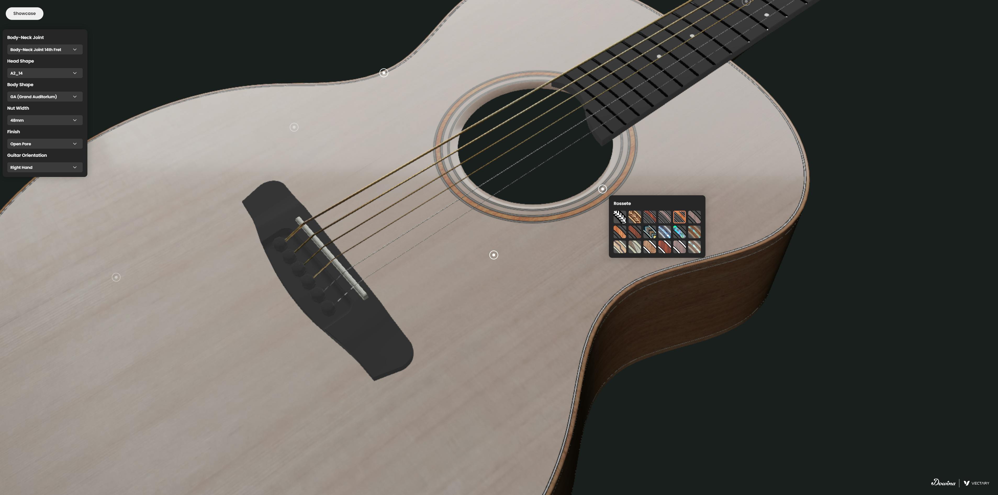The 3D configurator built on Vectary&rsquo;s platform allows Dowina to change between different types of rosettes, which are a decorative elements set into the exterior surface of the guitar around the sound hole. Source: Vectary