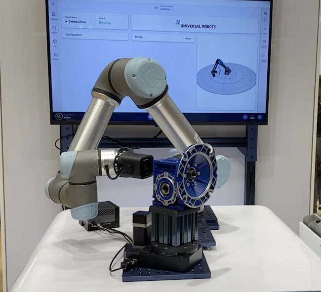 A Universal Robots' UR5e cobot outfitted with a camera and connected to Nvidia’s Jetson Edge AI module demonstrates quality inspections on a gearbox assembly