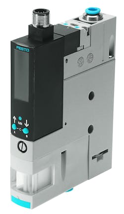 Venturi generators driven by compressed air like this Festo OVEM vacuum generator with IO-Link provide high pressure low flow, while vacuum pumps deliver low pressure high flow. Source: Festo Venturi generators driven by compressed air like this Festo OVEM vacuum generator with IO-Link provide high pressure low flow, while vacuum pumps deliver low pressure high flow. Source: Festo
