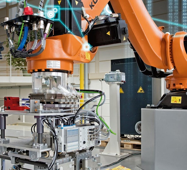 KUKA industrial robot with specialized end of arm tooling. Source: Siemens