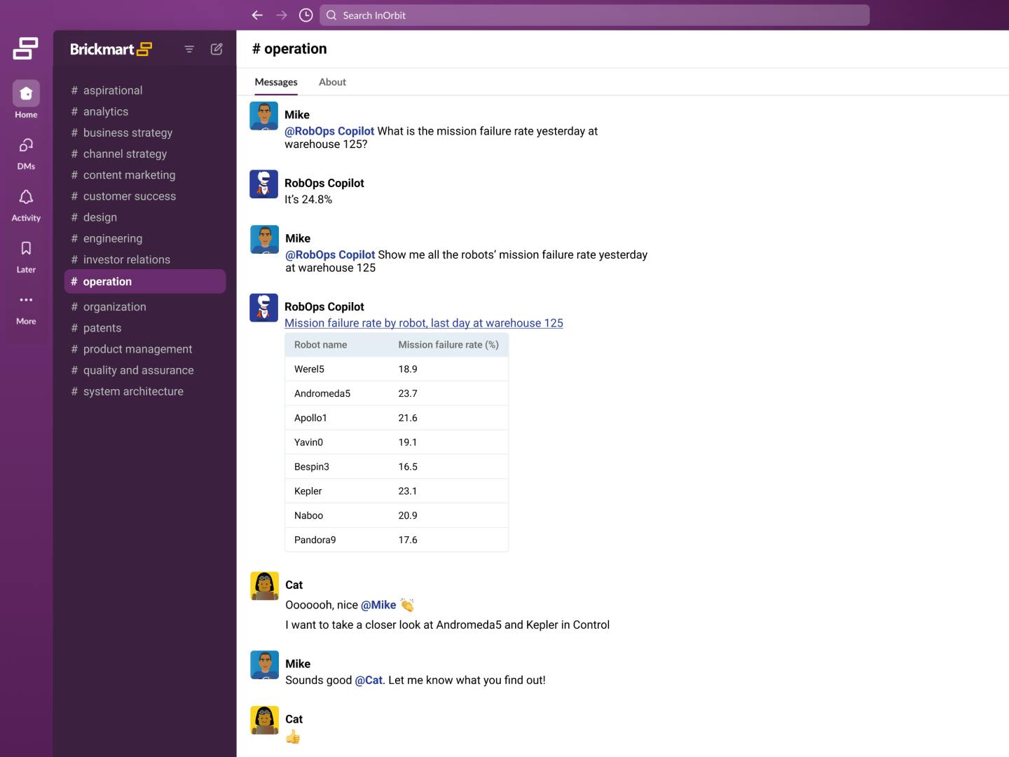 An example of Slack chat integration with InOrbit's RobOps Copilot technology. Source; InOrbit
