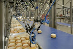 An automated high-speed pick-and-place system utilized on a production line for donuts and berliners. An automated high-speed pick-and-place system utilized on a production line for donuts and berliners.