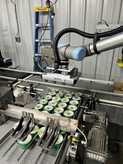 The UR10e robot at El Pinto, equipped with a custom Coval vacuum gripper, testing the alignment and suction of 12 single-serve cups. The UR10e robot at El Pinto, equipped with a custom Coval vacuum gripper, testing the alignment and suction of 12 single-serve cups.