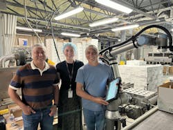 Annalise Hildebrand (center) from In-Position Technologies with two of the El Pinto line workers who will be operating and programming the robot in the boxing and shipping process. Annalise Hildebrand (center) from In-Position Technologies with two of the El Pinto line workers who will be operating and programming the robot in the boxing and shipping process.