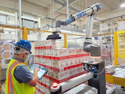 UR20, along with UR30, are Universal Robots' new-generation, high-payload cobots. Here, the UR20 is being used for palletizing at the Bob's Red Mill facility. UR20, along with UR30, are Universal Robots' new-generation, high-payload cobots. Here, the UR20 is being used for palletizing at the Bob's Red Mill facility.