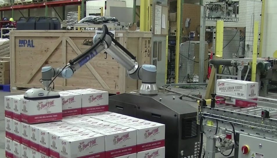 The Columbia/Okura miniPal palletizer in use at Bob&rsquo;s Red Mill.